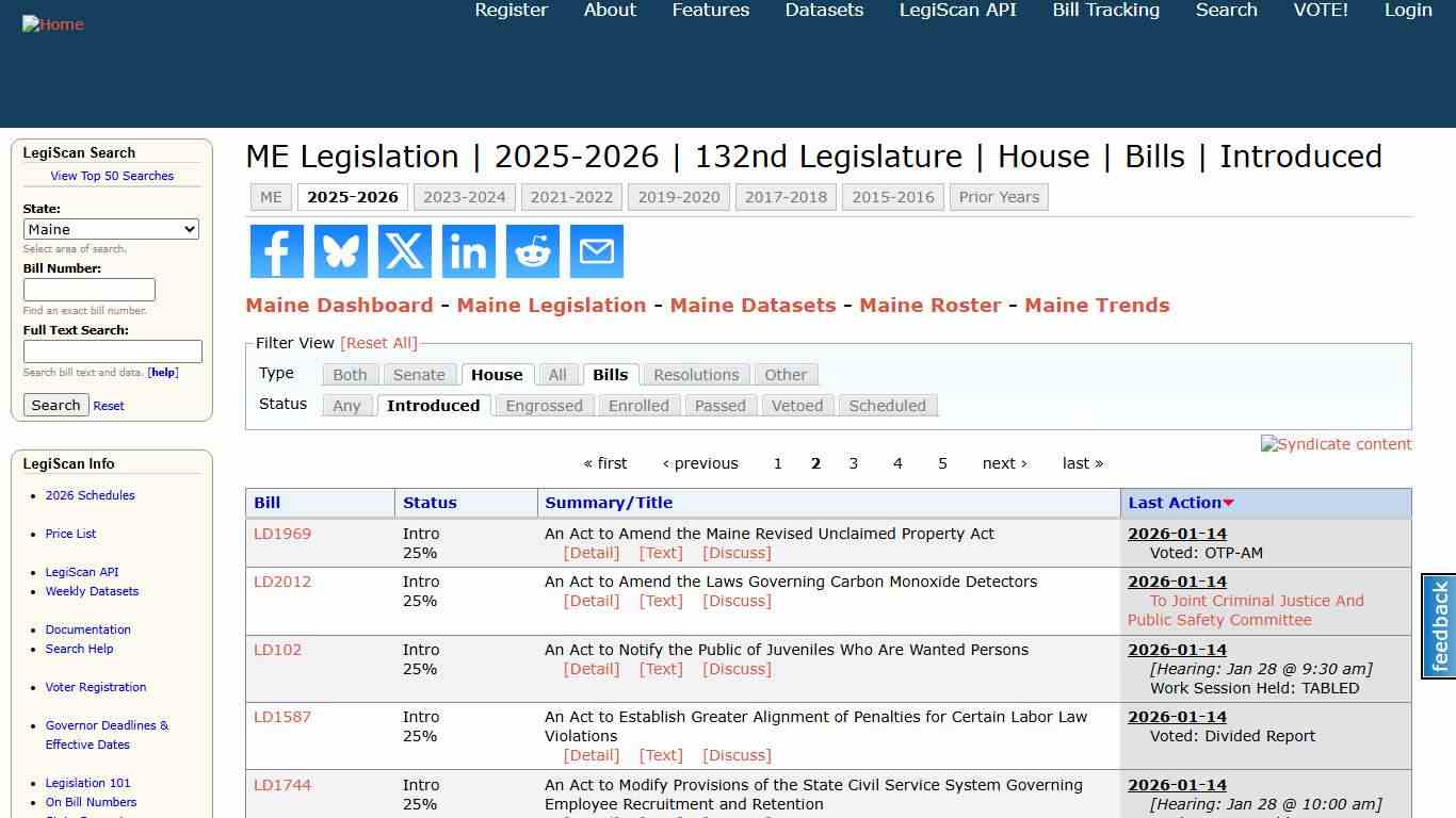 ME Legislation 2025-2026 132nd Legislature House Bills Introduced LegiScan